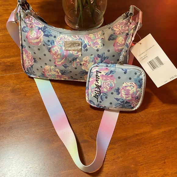 BETSEY JOHNSON GREY /PURPLE FLORAL ROSES CROSSBODY WITH POUCH - Picture 6 of 6